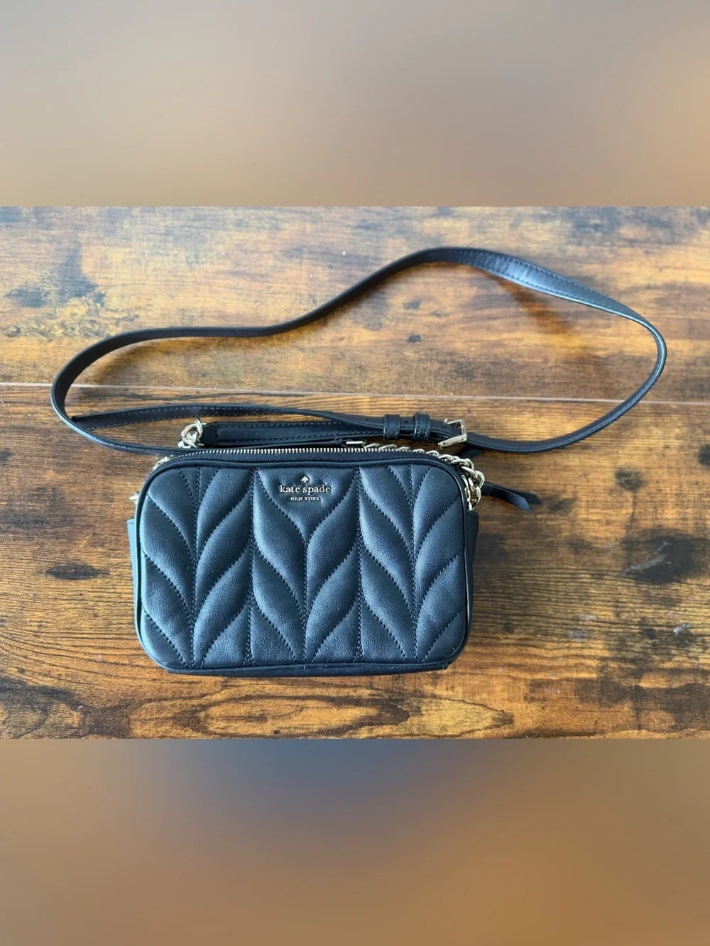kate spade Black Quilted Leather Camera Crossbody with Gold Chain